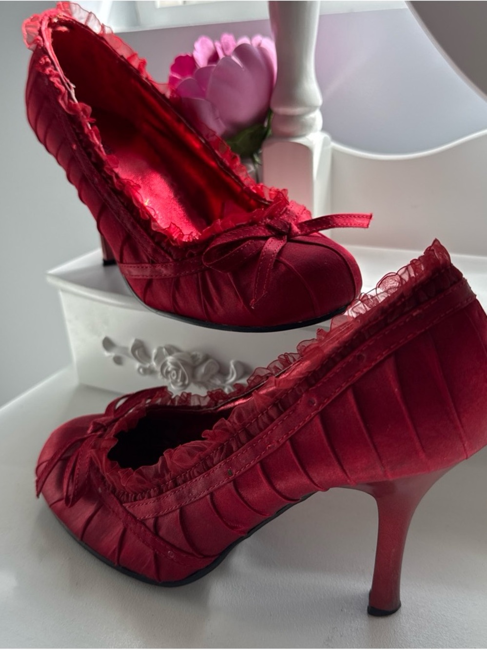 Pulse Red Satin Ruffled Bow Heels